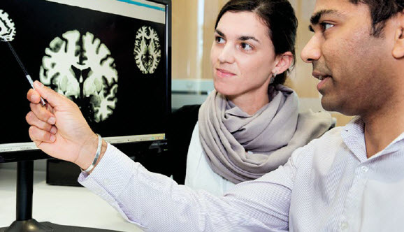 Mental health researchers reviewing brain images